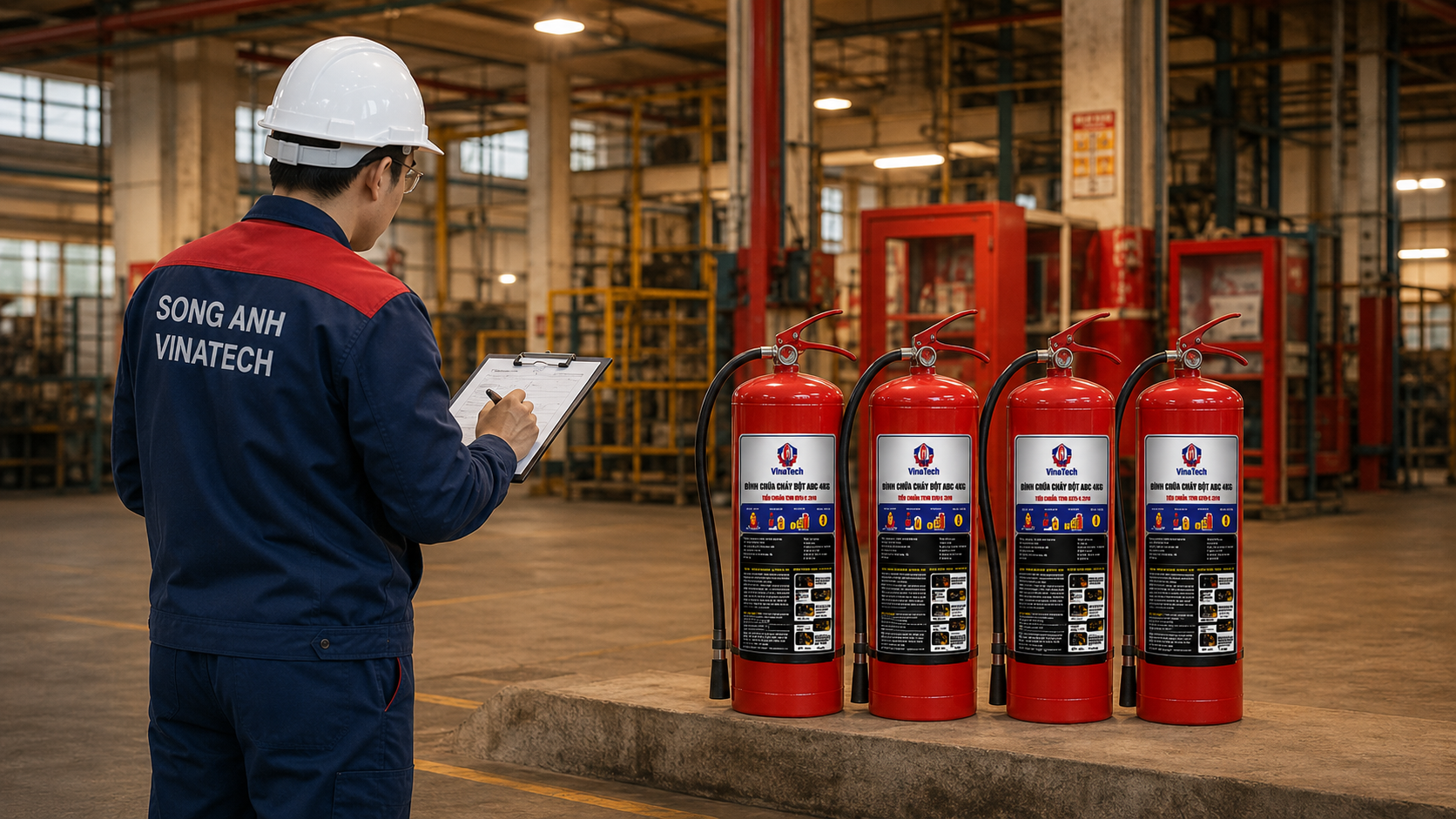Kỹ thuật viên Song Anh VinaTech kiểm tra bình chữa cháy tại nhà xưởng